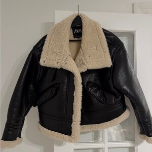 Zara Black Leather Jacket with Cream Shearling